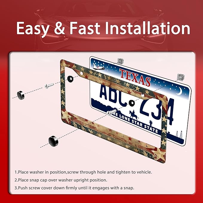 Retro American Flag License Plate Frame USA Flag Patriotic License Plate Holder Funny Stainless Steel Accessories Cars Decor with 2 Holes and Screws Fits Standard Us Ca Vehicles 12.2 X 6 Inch