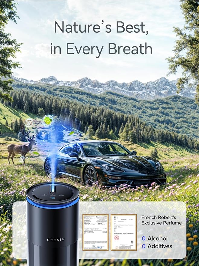 Ceeniu Car Air Freshener, Smart Ultrasonic Diffuser CF12 Pro, Enlarged Spray Nozzle, Auto On/Off, Adjustable Mode, 60-Day Powerful Battery, Ambient Light, Premium Bamboo Forest Scent, Lasts 4 Months