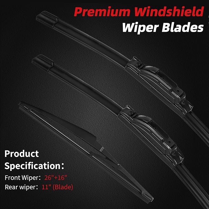 OTUAYAUTO Premium Windshield Wiper Blades - Replacement for Kia Rio 2013-2017 - Precision Fit, All-Weather Performance, Front and Rear Wiper Blades, J/U Hook - 26"+16"+11" (Pack of 3)