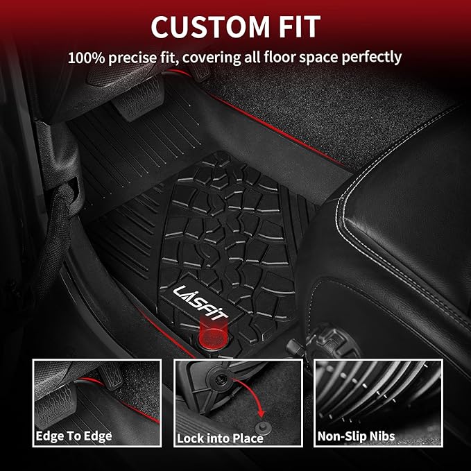 LASFIT Floor Mats for Jeep Wrangler Unlimited 4XE 2021-2024 2025 4 Door Plug-in Hybrid EV-Gas (PHEV), All Weather TPE Custom Fit Car Mats Floor Liners 1st & 2nd Row, Black