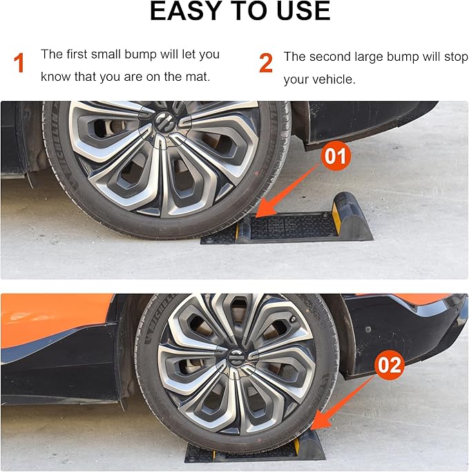 OrangeStar 4 Pack Parking Guide Mat, 21” Heavy Duty PU Wheel Stopper w/Reflective Stripe for Garage Vehicles, Indoor/Outdoor Use, Black
