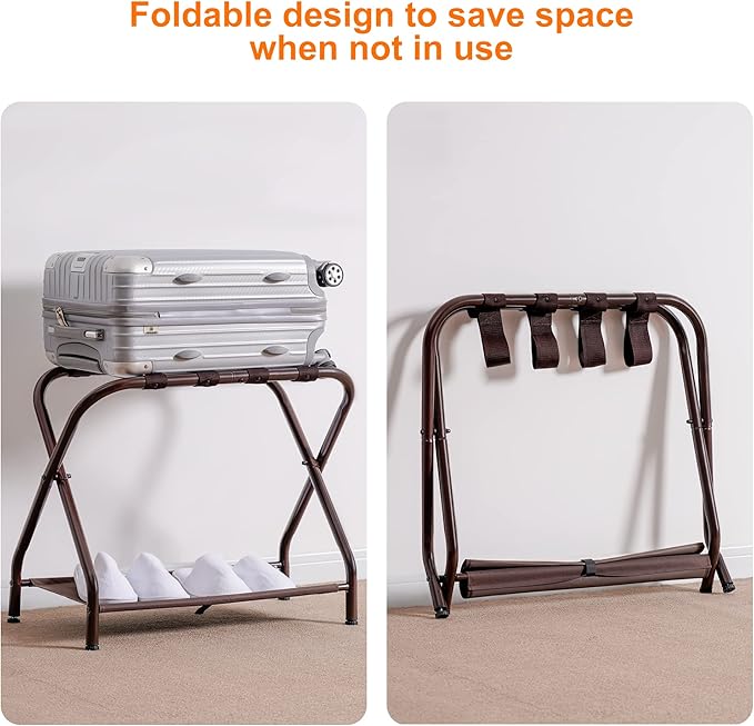 Heybly Luggage Rack, Steel Folding Suitcase Stand with Storage Shelf for Bedroom, Hotel, Foldable Steel Frame, Guest Room Bedroom Hotel, 22.8" L x 11.8" W x 20.9" H, Brown HLR004Z1