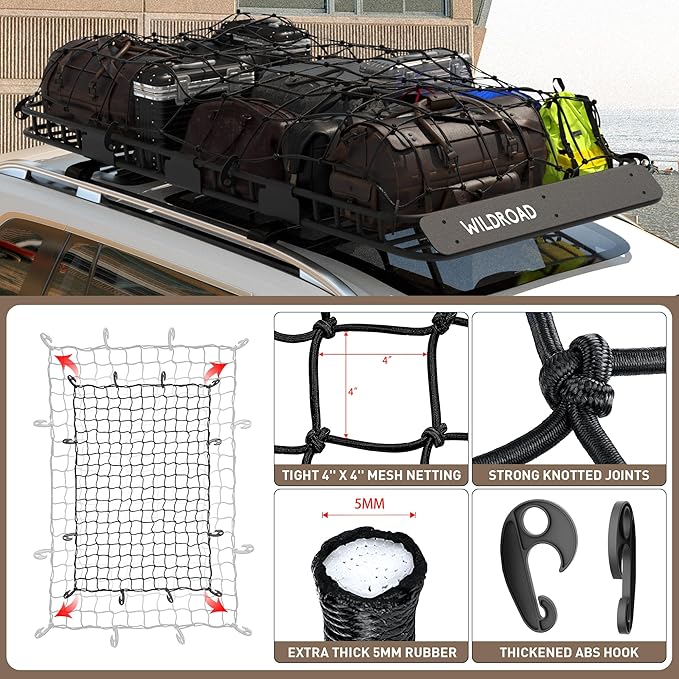WILDROAD Car Roof Cargo Carrier Combo - Upgraded 84"x 39"x 4" Roof Rack Basket, Super Duty Bungee Net. Universal Car Top Luggage Holder Fits SUV, Truck, Cars