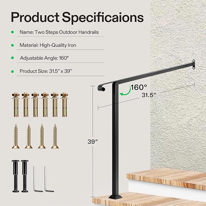 VIVOSUN Outdoor Handrail, 2 Step Stair Handrail, 31.5" x 39" Fits 1 to 2 Steps, Wrought Mattle Iron Stair Railing with Single Curved End for Concrete Steps, Porch Steps, One-Step Assembly, Black