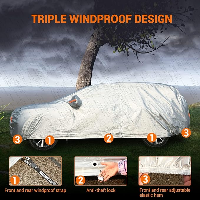 Tecoom Car Cover Waterproof All Weather, Fleece Lining with Zipper Door Lock Car Covers for Automobiles, 3 Layers Full Outdoor Car Cover Wind Snow Hail UV Sun Protection Fit for SUV (191-205 Inch)