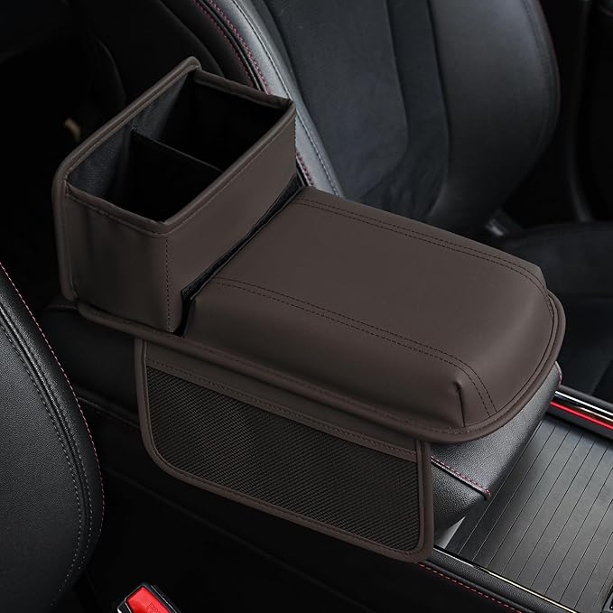 JEYODA Upgraded Car Armrest Cover,Premium Leather Car Armrest Cover Cushion with Storage Holder, Caddy for car (brown)