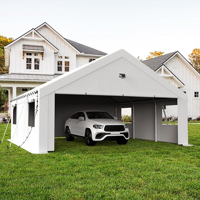 20x20 Carport Canopy, Heavy Duty Car Port, Portable Car Ports Garage with 2 Roll-Up Zipper Drive Through Doors, White