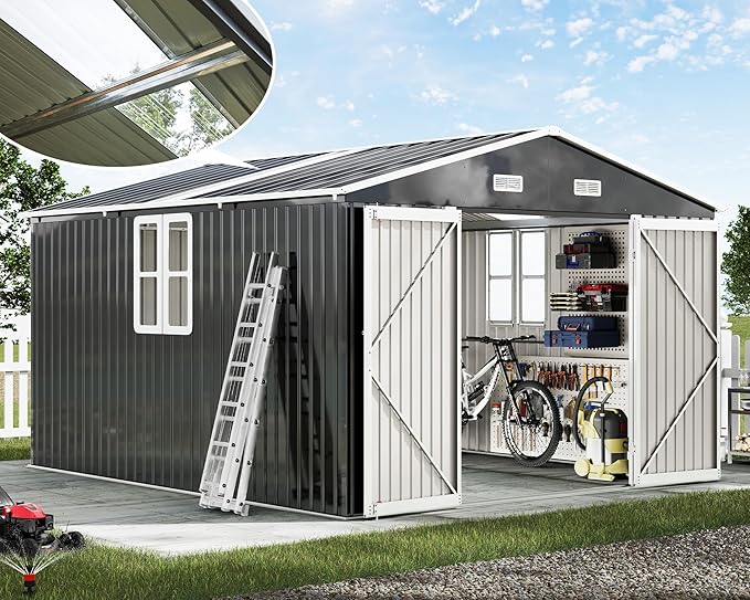 AMERLIFE 10x12x7 FT Galvanized Steel Storage Shed with Dual Transparent Panels, 2 4-Pane Windows & Hinged Double Doors, Outdoor Shed for Backyard, Garden, Patio, Dark Grey/White