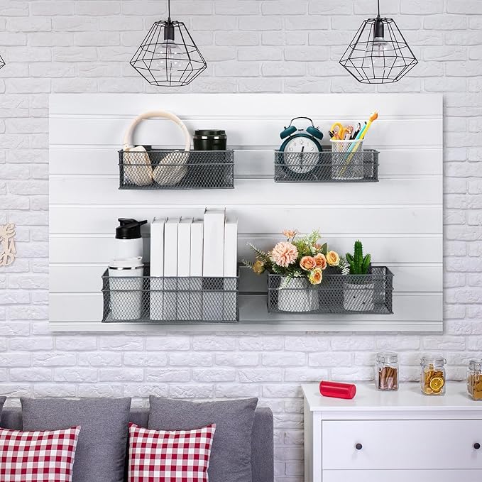 Barydat 4 Pcs Slatwall Basket Set Ventilated Metal Slatwall Basket Hanging Wire Bins Wall Mounted Accessories for Panel Garage Storage Display Organizing(Multi Size,Gray)
