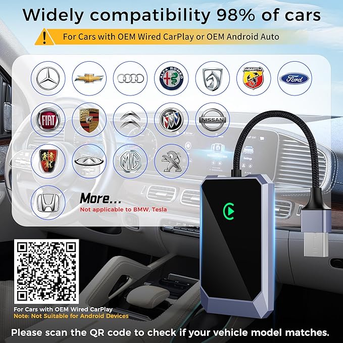 Wireless CarPlay Adapter for Apple iPhone, Convert Wired CarPlay to Wireless, Plug-and-Play, Stable Connection Compatible with OEM Wired CarPlay Vehicles & iOS 10+