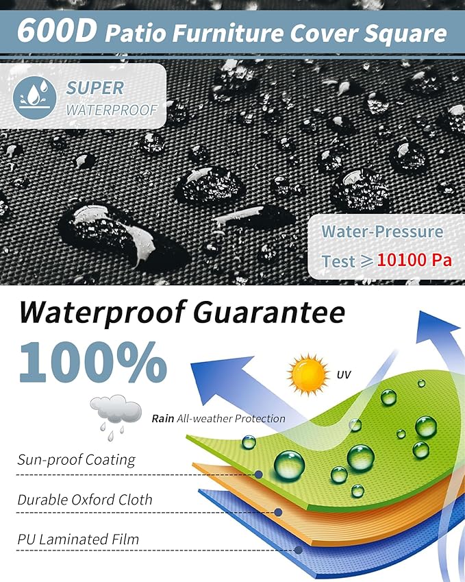Outdoor Waterproof Furniture Cover, 111W x 74L x 28H inches Heavy Duty 600D Rectangular Table and Chair Set Protection, Black