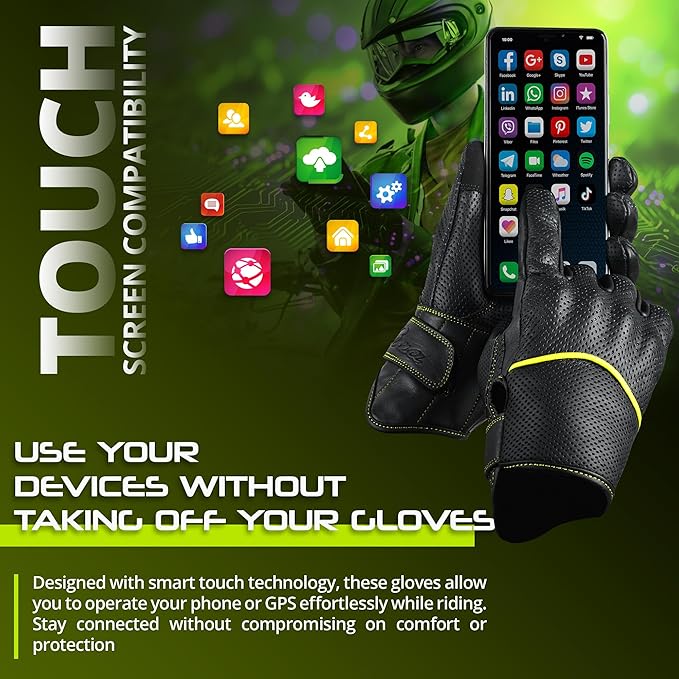 aasportx Motorcycle Gloves - Men's Leather Motorbike Gloves with Touchscreen Function - Non-Slip Pads for Men & Women