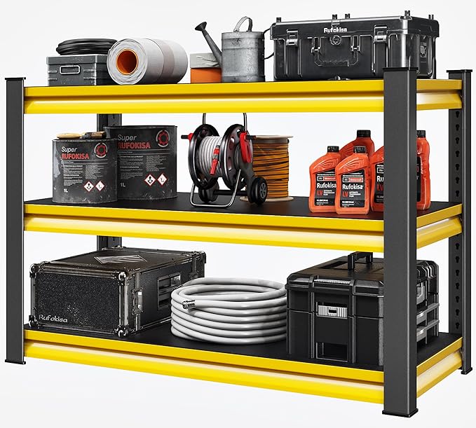 48" W Garage Shelving Heavy Duty, 1650LBS Loads Adjustable Garage Storage Shelves,3-Tier Metal Storage Racks and Shelving Units, Utility Rack Shelves,48" W x 18" D x 39" H,Yellow