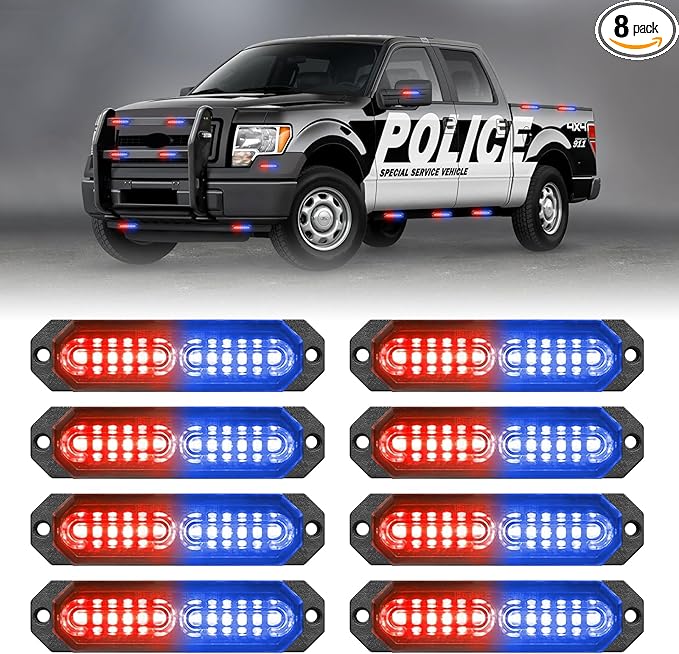 HLauto 1200T Emergency Strobe Grille Lights: 8pcs 12 LED Sync Feature Safety Warning Flashing Lights, Ultra Slim Surface Mount Hazard Caution Lights for Trucks, Vehicles, Car, ATV, UTV (Red Blue)
