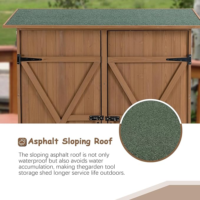 56" L x 19.5" W x 64" H Tall Outdoor Wooden Storage Shed with Lockable Doors, Waterproof Asphalt Roof, Removable Shelves for Garden Tools,Yellow Brown