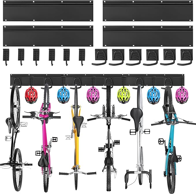 Sinoer Bike wall mount, Bicycle Wall Bracket for 6 Bike+6 Helmets, bike racks for Garage/Home, Vertical Cycling Hanger, Holder for Road Bicycles - 4 Rails
