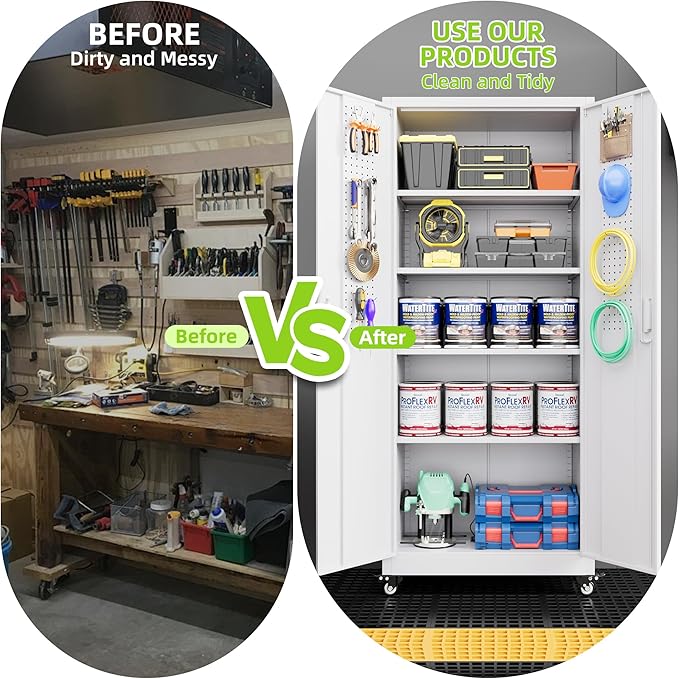 Garage Storage Cabinet with with Pegboard and Wheels,73" Metal Lockable File Cabinet with 2 Doors and 4 Adjustable Shelves,Tool Storage,Home Office Garage,Gym,School (White)