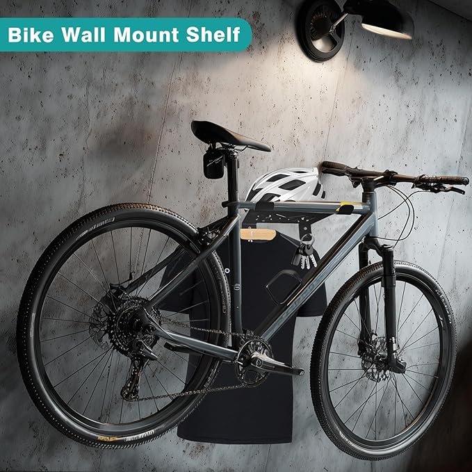 Bike Wall Mount Rack, Horizontal Bicycle Storage Hanger for Garage, Home, Apartment, Wall Mounted Bike Holder with Hook and Shelf for Cycling Accessories Organization, Heavy-Duty Metal