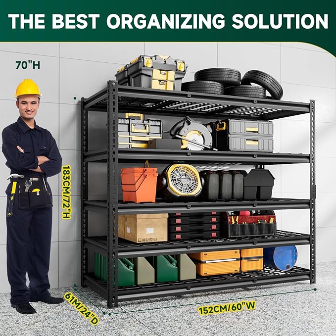 5-Tier 60" W X 24" D X 72" H Storage Shelves 3000LBS Garage Shelving Metal Storage Racks and Shelving Adjustable Heavy Duty Shelf Units for Basement Industrial(Black)
