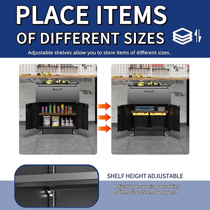Metal Garage Storage Cabinet with Wheels,Locking Rolling Tool Cabinet with Drawers and Shelves for Home, Office, Garage & Workshop