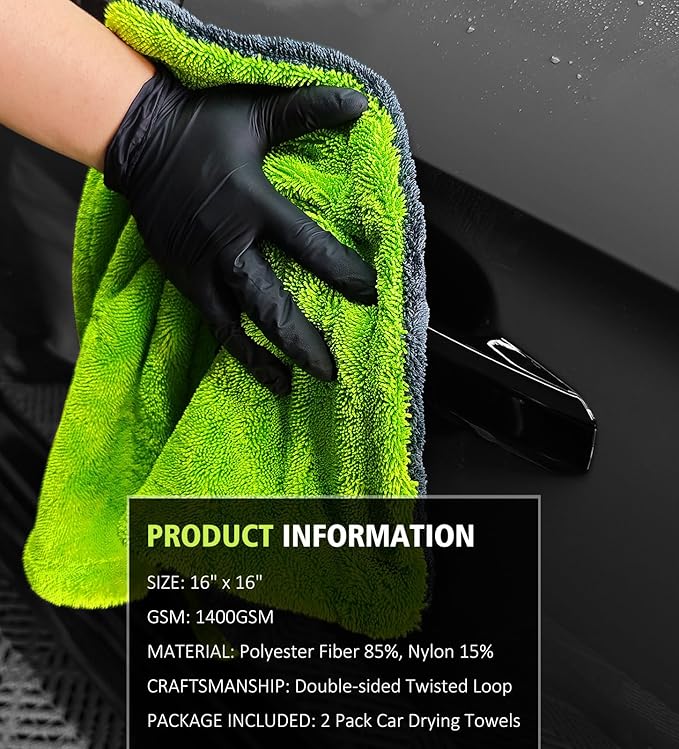 2-Pack Car Drying Towels, 16"x 16" Microfiber Drying Towel for Car Detailing, 1400 GSM High Absorbent Edgeless Streak Free Car Wash Drying Towels for Car Truck SUV, Green&Gray