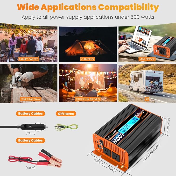 500 Watt Pure Sine Wave Power Inverter 12V DC to 110V 120V Converter for Home, RV and Off-Grid Solar Systems with Type-C Port, 2 AC Outlets, 2 USB Ports, LCD Display