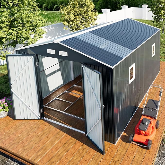10x12 Metal Shed with Floor Frame Kit & Reinforced Construction - Translucent Roof Panels for Natural Light, Lockable Doors, Vents and Windows | Weatherproof Outdoor Storage for Garden/Backyard/Patio