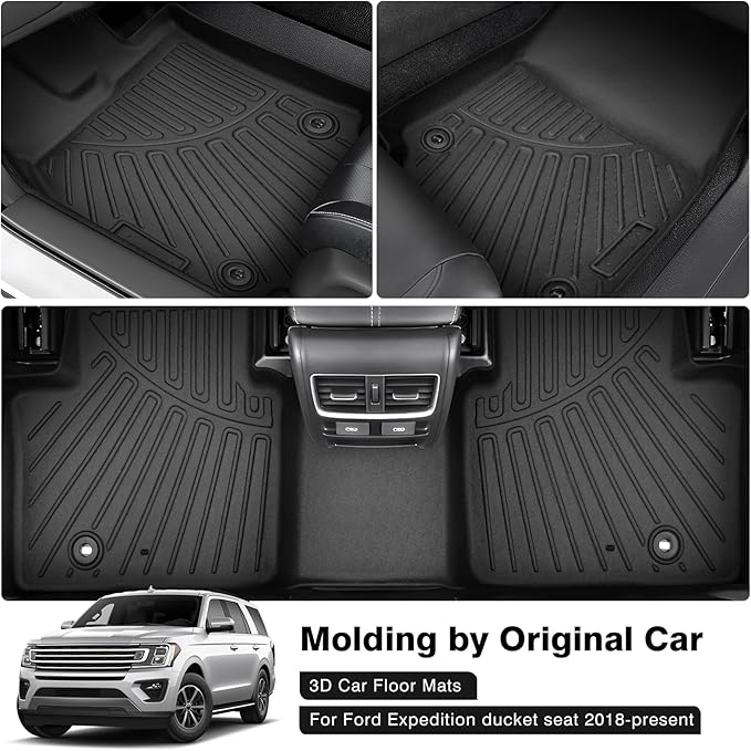 Powerty Floor Mats for 2018-2024 Ford Expedition with 2nd Row Bucket Seats Accessories All Weather Floor Liner 3D TPE 1st & 2nd Row Floor Mat Heavy-Duty Floor Liners