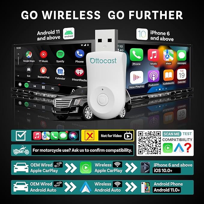 OTTOCAST Wireless Carplay Adapter 2025 for Apple iPhone, Convert Wired to Wireless Car Play for Older Cars Mini USB Design Plug & Play, Multi-User Seamless Connection for iOS 10+/ Android Auto (White)