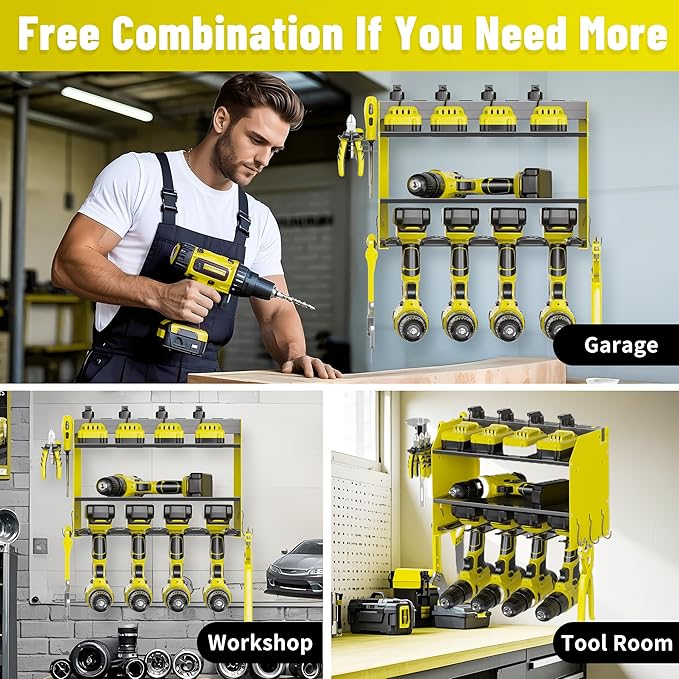 3-Tier Modular Drill Holder & Power Tool Organizer Wall Mount with Charging Station, Tool Storage Rack with Hooks, 8-Outlet Power Strip, Bit Rack & Cordless Garage Tool Organization (Yellow)
