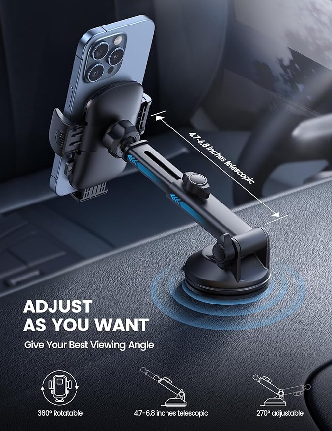 Lamicall Car Phone Holder Mount [3-in-1 Military-Grade Suction Cup] 360° Rotation Phone Holders for Your Car [Metal Hook] Cell Phone Car Mount Dashboard Vent Windshield for iPhone 16 All Smartphone