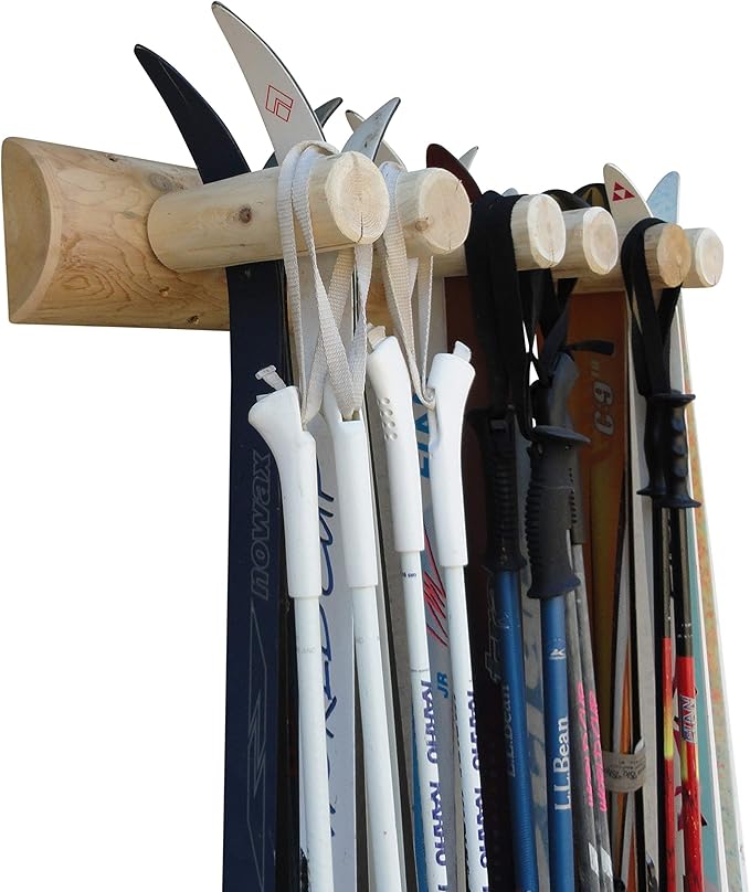 6-Place Log Ski Rack Wall Mount, Indoor Ski Storage Rack for Garage Organizers, Wooden Skis Wall Mount Storage Racks, Pole Skis Sports Racks, Garage Organization Walls - Unfinished