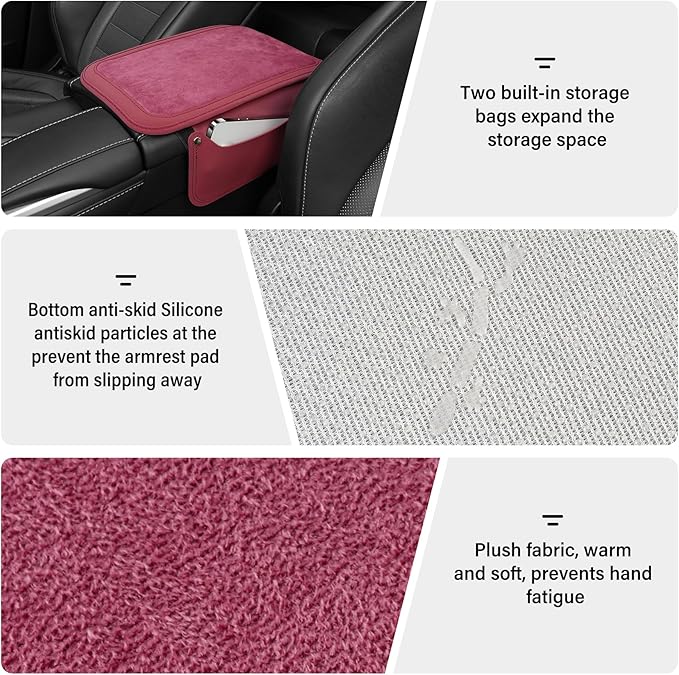 SINGARO Car Leather Center Console Cover with 2 Storage Bags, Universal Furry Fluffy Car Armrest Seat Box Pad, Comfortable Car Interior Accessories, Fits for Most Vehicles (Red)