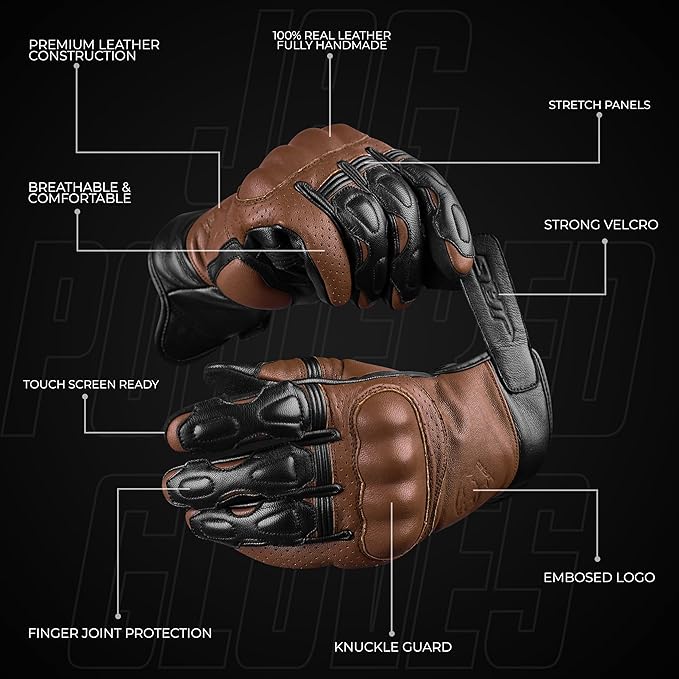J.A.G. Motorcycle Gloves - Premium Leather Perforated Motorcycle Gloves for Men with Knuckle Protection | Touchscreen Motorbike Riding Gloves