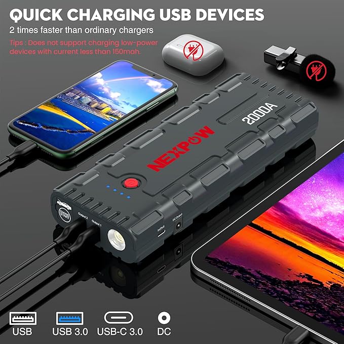 NEXPOW 2000A Peak Car Jump Starter with USB Quick Charge 3.0 (Up to 7.0L Gas or 6.5L Diesel Engine), 12V Portable Jump Box, Battery Booster with Built-in LED Light