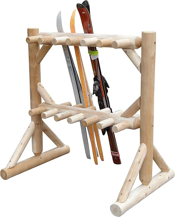 11-Place Freestanding Log Ski Rack Holder, Indoor & Outdoor Snowboard Racks, Standing Storage, Garage Racks for Snow Skis, Durable Snowboard Rack Garage Storage Organizer - Unfinished