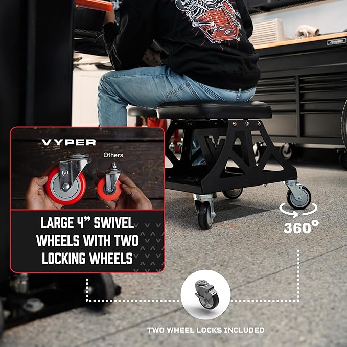 Vyper Low Pro Garage Stool with Removable Seat for Mechanics, Automotive, DIY - 400 lb Capacity Rolling Shop Chair (Black Seat, Blue Frame)