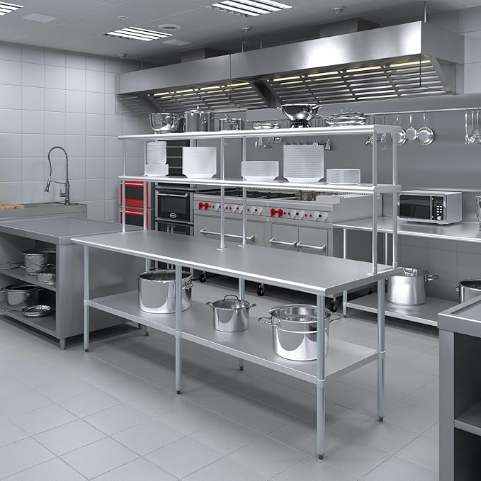 Amgood Stainless Steel Work Table Double Tier Overshelf | Metal Kitchen Prep Table & Shelving Combo (30" x 96" Work Table + 12" Overshelf)