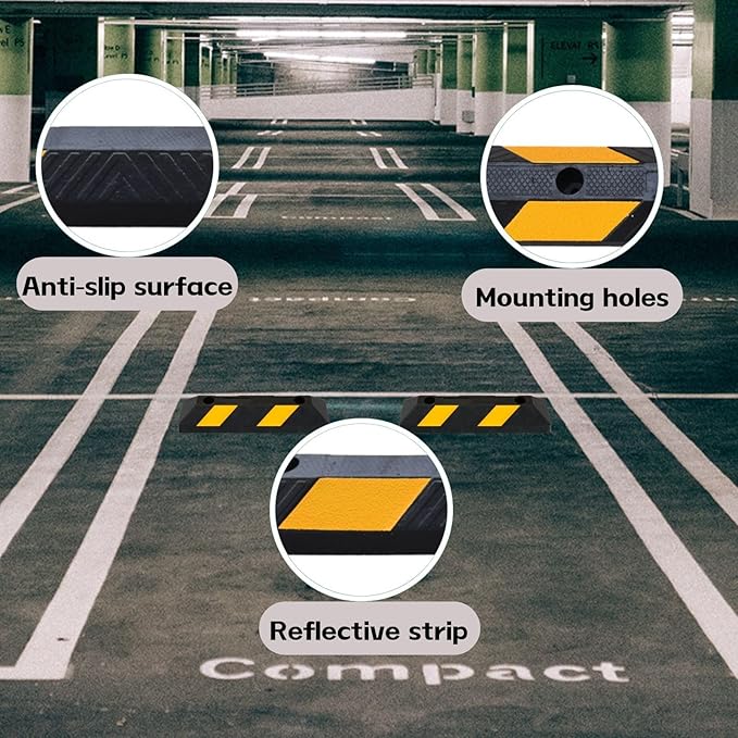 Heavy-Duty Parking Curb Wheel Stop - Driveway Vehicle Stopper for Cars, Trucks & RVs - Durable Rubber Car Barrier with Reflective Strip - Garage & Parking Lot Safety Curb Ramp (21" - 4Pack)