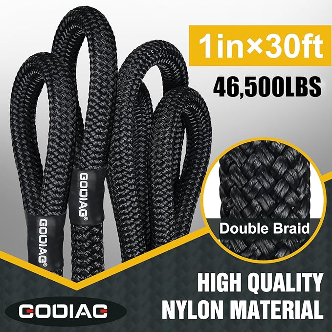 GODIAG 1"×30ft Kinetic Recovery Tow Rope (46500lbs) Heavy Duty Energy Rope with 2 Soft Shackles, 30% Elasticity Offroad Power Strap for Truck Jeep Car ATV UTV Tractor