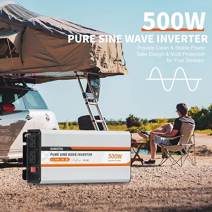 500W Power Inverter, DC 12V to 120V AC Converter for Vehicles Car, Pure Sine Wave Adapter with USB Port and 2 AC Outlets Car Charger for Laptop Smartphone Small Power Tool