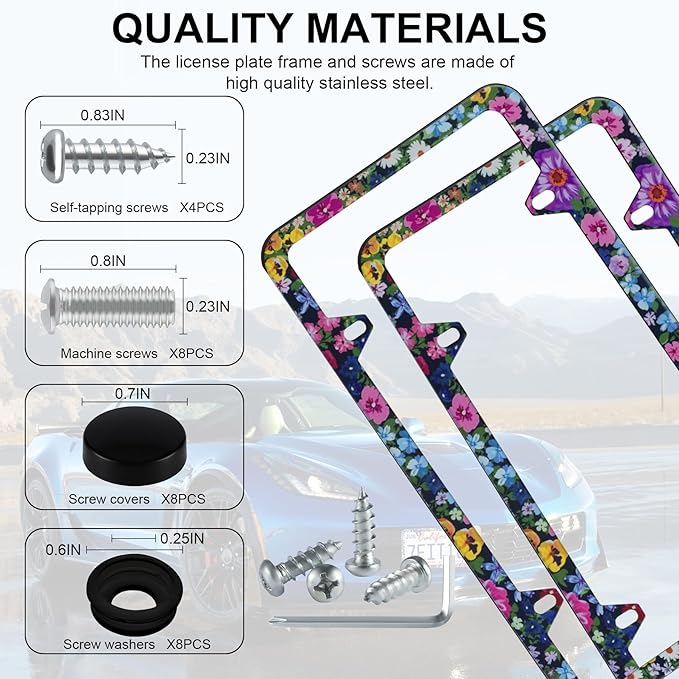 LivTee Flower Floral License Plate Frames, 4 Holes Stainless Steel License Plate Covers, 2PCS Car License Plate Holder, Automotive Exterior Accessories
