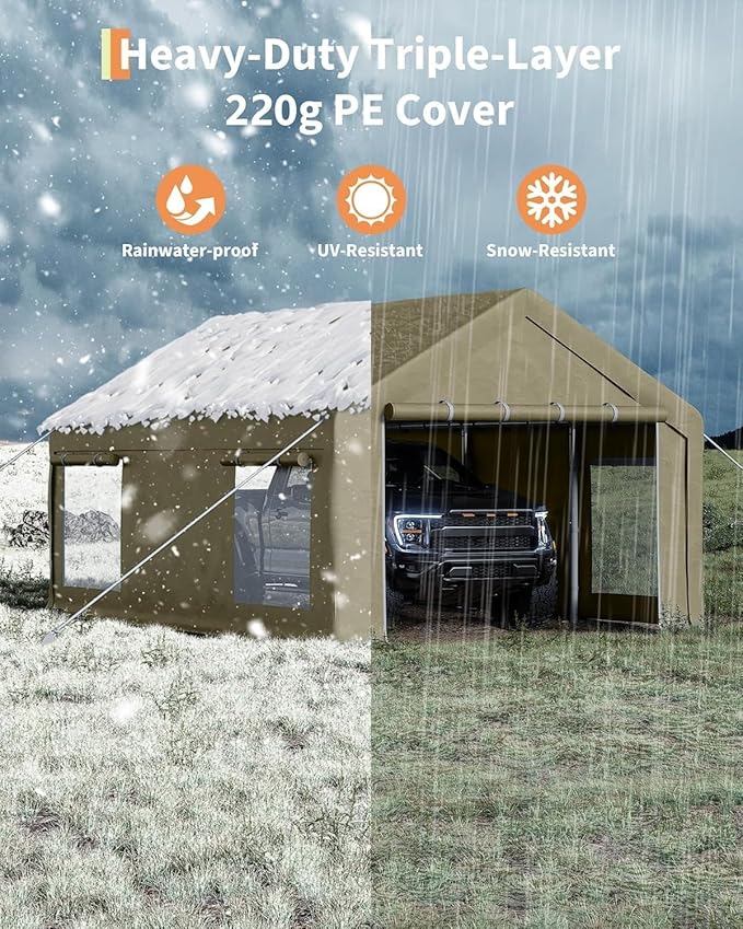 13 x 20ft Heavy-Duty Carport Canopy with Roll-Up Windows & DoorsThickened Wind Ropes, Ground Nails, Portable Car Tent Garage for Cars, Trucks, Boats, 180G Durable Tarp Cover,Yellow