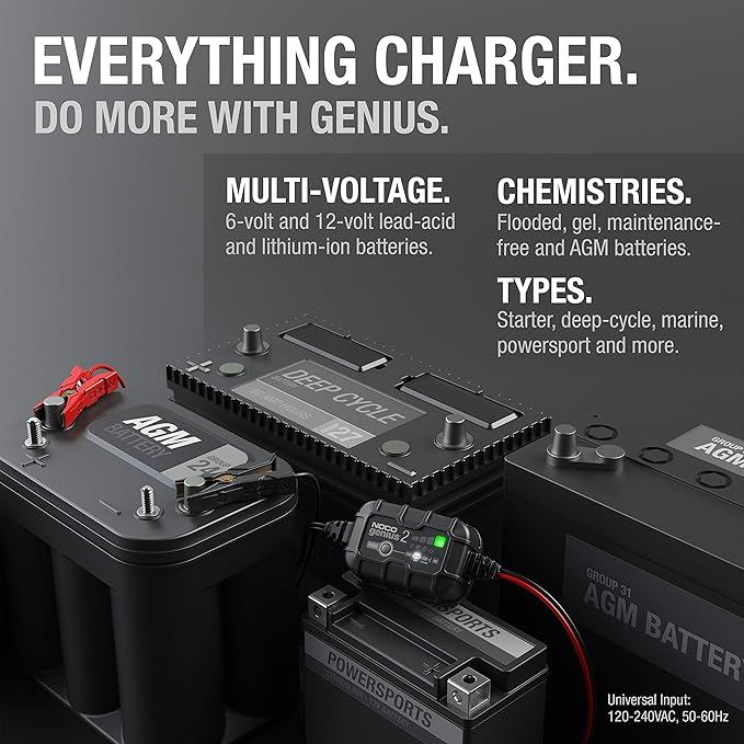 NOCO GENIUS2: 2A 6V/12V Smart Battery Charger – Automatic Maintainer, Trickle Charger & Desulfator with Overcharge Protection & Temperature Compensation – For Lead-Acid & Lithium Batteries