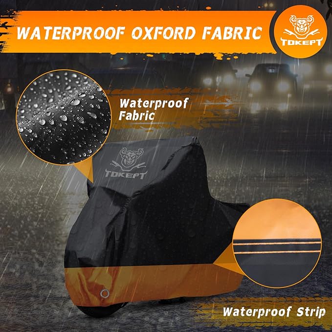 Motorcycle Cover, All-Season Waterproof Outdoor Sun Protection Fit up to 96 Inch Harley-Davidson Honda Suzuki Kawasaki Yamaha (XL Black&Orange)