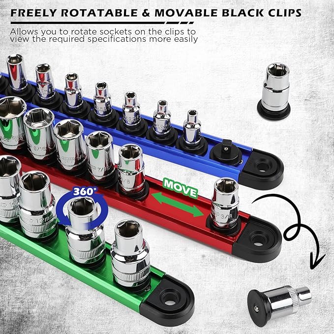 18-Piece Magnetic Socket Holder Organizer Set (Holds 240 Sockets), Heavy Duty 1/2, 3/8, 1/4-Inch Socket Racks Premium Quality Socket-Clip Rail Holder Aluminum Sockets Rack Kit for Tool Box Drawer