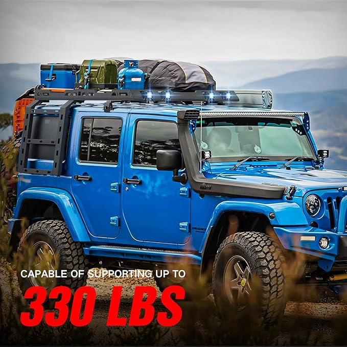 for JK JKU Roof Rack Hard Top Cargo Basket with Ladder & 4 LED Lights Compatible with 2007-2018 Jeep Wrangler JK JKU Unlimited 4 Doors Hardtop, Rooftop Rack Carrier Luggage Storage Holder