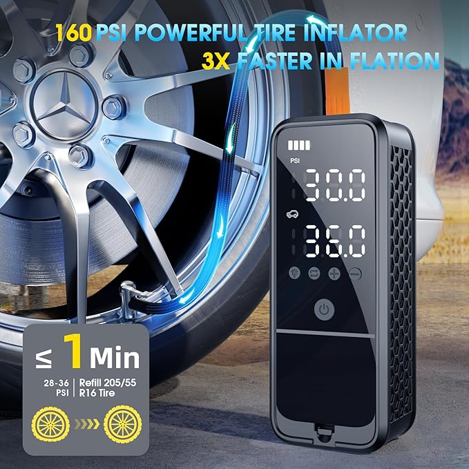 Tire Inflator Portable Air Compressor, 160 PSI Air Pump for Car Tires with Digital Pressure Gauge, Bike Tire Pump with LED Light Portable Tire Inflator for Car (Dark Gray)