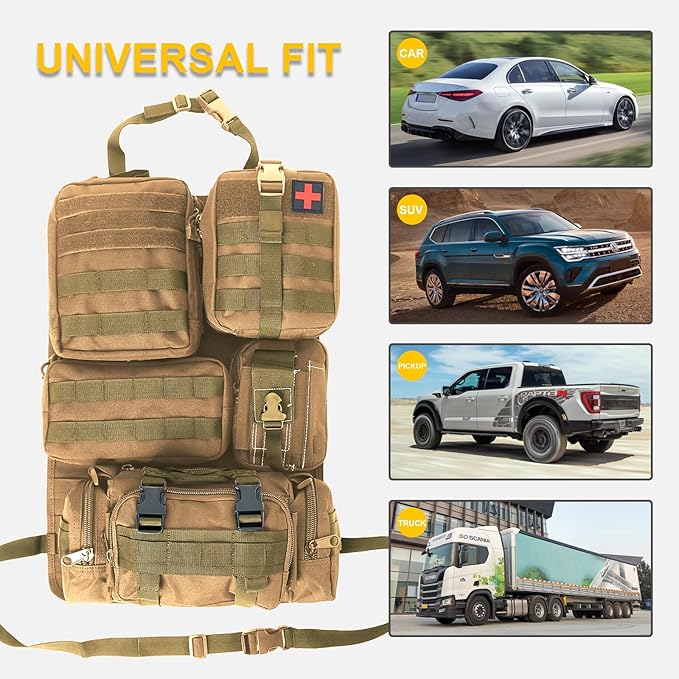 Universal Tactical Seat Back Organizer Vehicle Molle Panel Organizer Storage Bag with 5 Detachable Molle Pouch for All Vehicel Such as Jeep,Truck,SUV, Car, Ford,Chevy etc