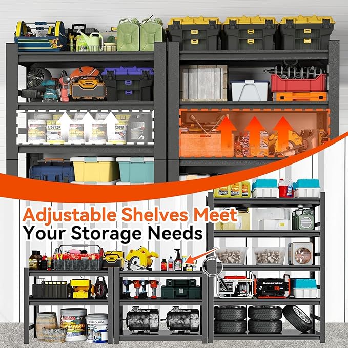 Metal Garage Shelving Unit, Heavy Duty 5-Tier Adjustable Storage shelves, Steel Shelving, 3000 lbs Capacity, Industrial Shelves for Heavy Tools and Equipment, Ideal for Garage, Basement, Black, 72"